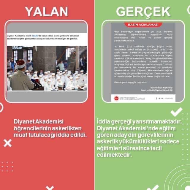 Diyanet Akademisi öğrencilerinin askerlikten muaf tutulacağı iddaları gerçeği yansıtmamaktadır.  #diyanetakademi