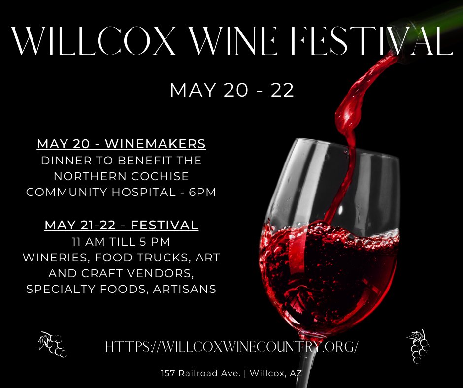 Willcox Wine Festival - May 20-22

…llcox_spring_fest_2022.eventbrite.com

#arizona #arizonawine #wine #vineyard #festival #livemusic #willcox #willcoxwine