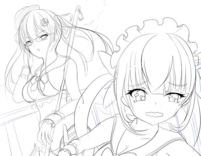 おはよーございます。みんなのサンドバッグ、柿崎です。

予告ラフ置いておきますので、完成をお楽しみに。お局メイドマリン船長なんて属性盛りすぎかな?

お尻の絵も進めてます 