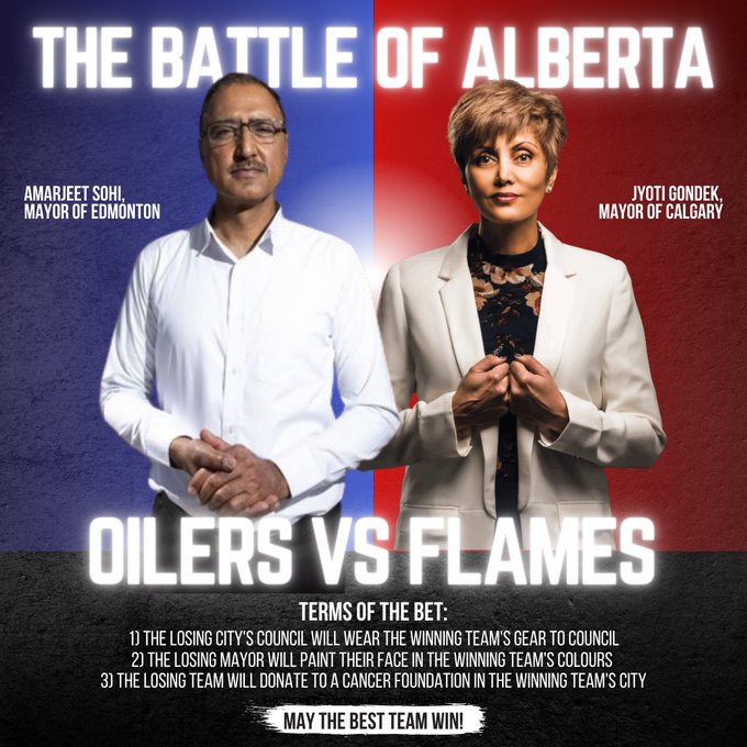 A poster of Mayor Sohi and Mayor Gondek for the Battle of Alberta, featuring the terms of the bet outlined in the thread