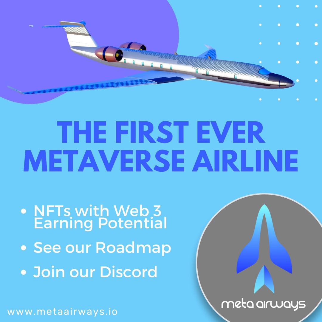 MetaAirways's tweet image. NOW BOARDING ✈️

Welcome to MetaAirways, the first fully functioning metaverse airline. If you’re seeing this, you’re early 👀

🌟 Only 140 private jets available 🌟

Giving away 3 whitelist spots. Just RT and tag a friend to enter 🛩

#NFTs #NFTCommunity #nft #NFTdrop