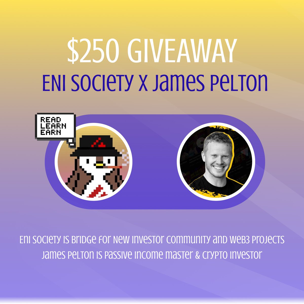 Doing a joint giveaway with @EniSociety  - Giving away $250 to one person

-Follow <a href="/JamesPelton18/">James Pelton</a> and @EniSociety 
-Like and Retweet