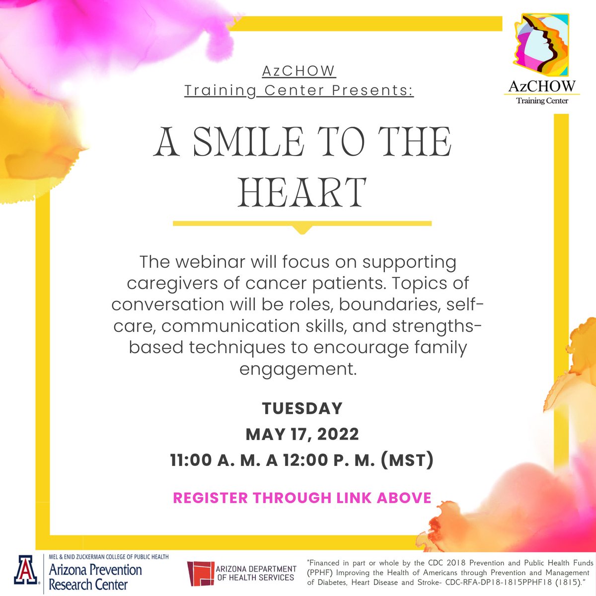 Az_CHOW's tweet photo. Tomorrow is #AzCHOW’s webinar: A Smile to the Heart at 11 AM. Remember to register using the link below! We will see you soon!

Link: https://t.co/Oq4sZJ7Nax https://t.co/JyCqDGloU2