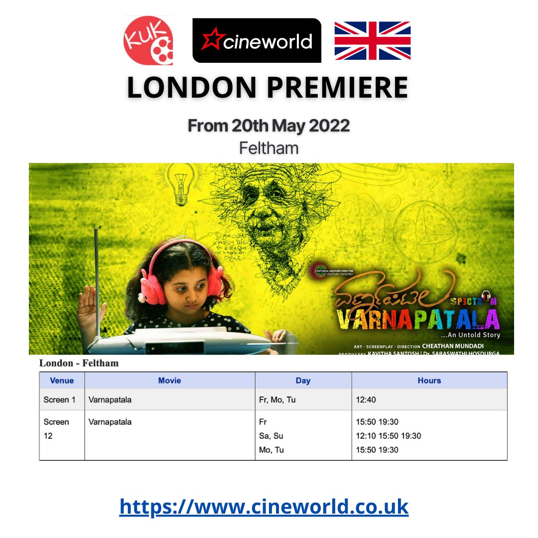 KUK Talkies (@kuk_talkies) on Twitter photo #Varnapatala #Spectrum movie at <a href="/cineworld/">Cineworld</a> Feltham from 20th May 2022.
Tickets can be booked via Cineworld Cinemas Website cineworld.co.uk
#varnapatalaukrelease #kuktalkies <a href="/sarashosdurga/">Dr Saraswati Hosdurga</a> <a href="/Kannadigaruuk/">KannadigaruUK</a> <a href="/ganabhat/">๐ฎ๐ณ ๐ฒ๐๐๐ ๐ญ๐๐๐๐ฌ๐ง</a> <a href="/way2ravi/">Cllr Ravi Venkatesh</a> <a href="/BFI/">BFI</a> @cometoUKAFF <a href="/KannadaBalagaUK/">Kannada Balaga UK</a> #Varnapatala #Spectrum movie at <a href="/cineworld/">Cineworld</a> Feltham from 20th May 2022.
Tickets can be booked via Cineworld Cinemas Website cineworld.co.uk
#varnapatalaukrelease #kuktalkies <a href="/sarashosdurga/">Dr Saraswati Hosdurga</a> <a href="/Kannadigaruuk/">KannadigaruUK</a> <a href="/ganabhat/">๐ฎ๐ณ ๐ฒ๐๐๐ ๐ญ๐๐๐๐ฌ๐ง</a> <a href="/way2ravi/">Cllr Ravi Venkatesh</a> <a href="/BFI/">BFI</a> @cometoUKAFF <a href="/KannadaBalagaUK/">Kannada Balaga UK</a>
