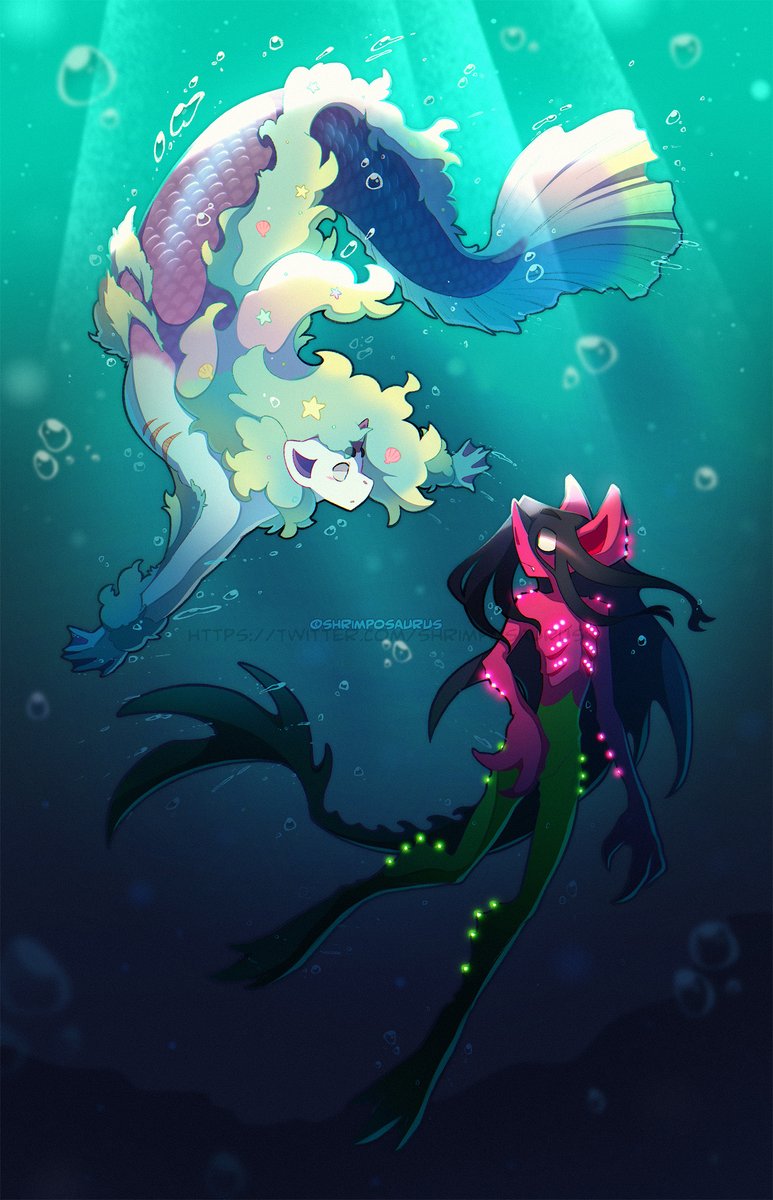 underwater colored skin long hair looking at another bubble mermaid watermark  illustration images
