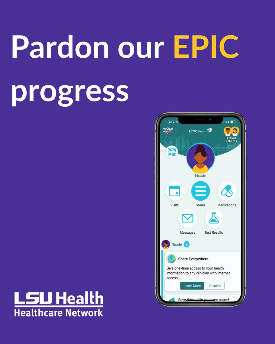 Our electronic medical records are now on Epic! LSU Healthcare Network has partnered with LCMC Health for use of their electronic health record known as Epic. Learn more about our epic progress by visiting lsuhn.com/patientportal/.