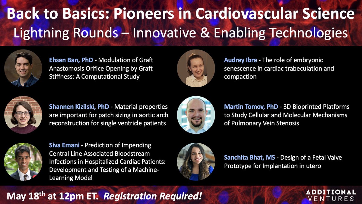 AdditionalVent's tweet photo. ⚡#AVSpeakerSeries Lightning Round with #ECR on #enablingtechnology in #singleventricle research!

@ehsan_ban_16 @YaleSEAS
@shannenkiz @BostonChildrens
Siva Emani @harvardmed
Audrey Ibre @univamu
Martin Tomov @CoulterBME
@sanchitabhat @CFMLAB_GT

📆 May 18 https://t.co/CSwjBADqLN https://t.co/NbOvWZXwIC