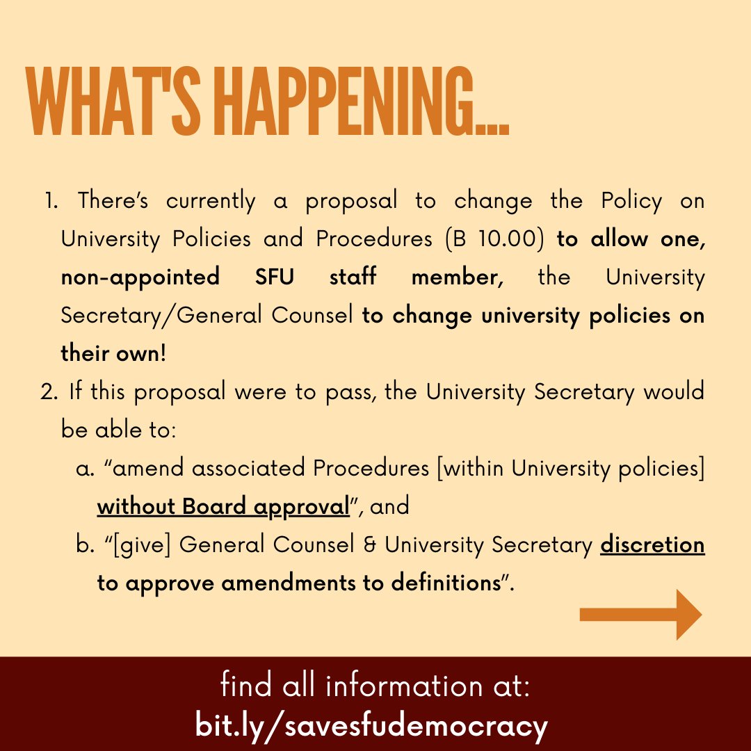 📢 URGENT: SFU’s democracy is under attack! We need SFU community members to oppose the proposal to allow ONE person to change SFU policies on freedom of expression, human rights, and more.

EMAIL YOUR FEEDBACK BY WED MAY 18! bit.ly/savesfudemocra… #SaveSFUDemocracy