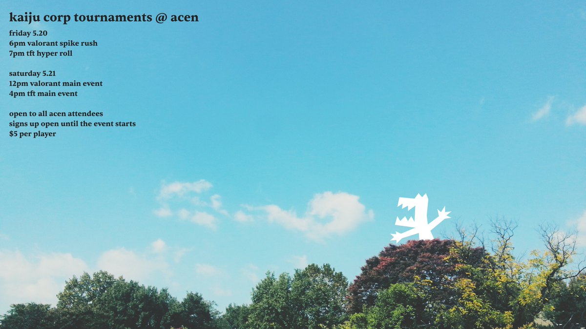 for those of you attending <a href="/animecentral/">Anime Central</a> this weekend, kaiju corp will be hosting tft and valorant events

hope to see some of y'all there

#wemakemonsters #kaijucorpforever

👺