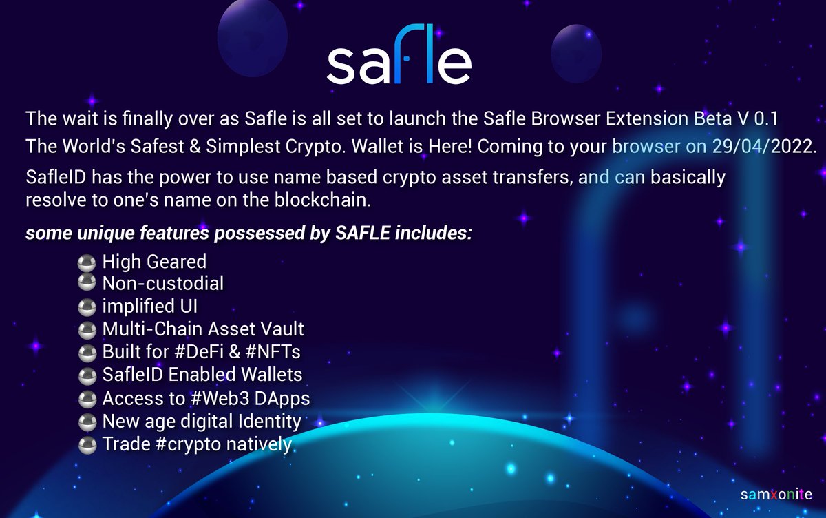 samxonite's tweet photo. Get set to devour the lovely features of the @GetSafle wallet as it's browser extension is finally here- 29/04/2022.
compared to other wallets, @GetSafle is uniquely the best.
#cryptocurrency #defi #walletextension #Cryptos https://t.co/LgMAMVeGnd