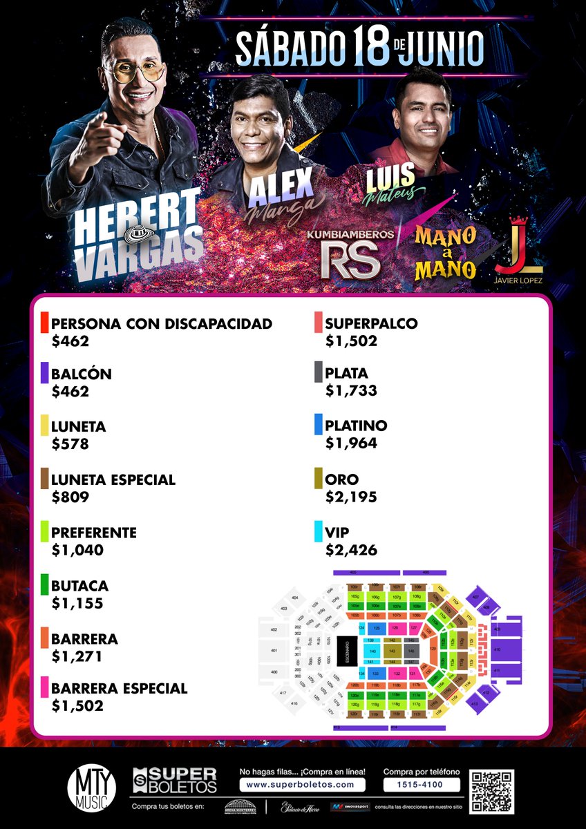 🔥HEBERT VARGAS, LUIS MATEUS, ALEX MANGA este próximo sábado 18 de Junio en la Arena Monterrey  🔥 YKumbiamberos RS y Javier López y Los Reyes !!! 
🔴Venta en linea--> acortar.link/vuCVbb
🔴Taquillas de la Arena Monterrey y sucursales InnovaSport
*Aplican cargos por servicio