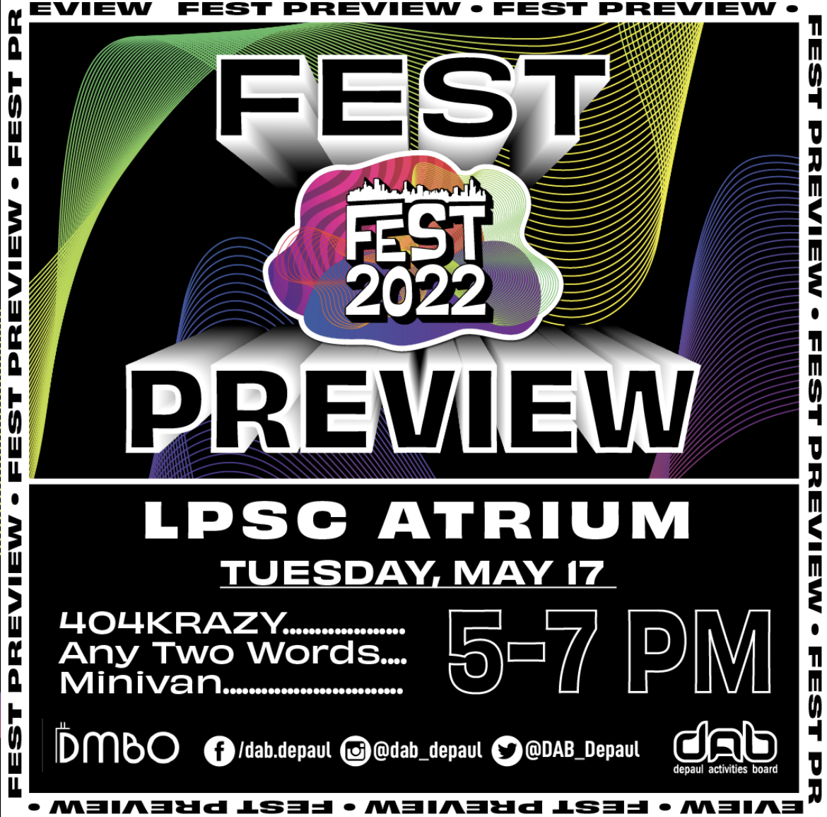 FEST is right around the corner…stop by and see the student performers that are performing on May 27th! 

✨✨✨✨✨✨✨✨✨✨✨✨

#depaulactivitiesboard #dabspringevents #depaulfest #depaulfest22 #depaulfest2022 #depauluniversity #depaul #campuslife #campusactivities