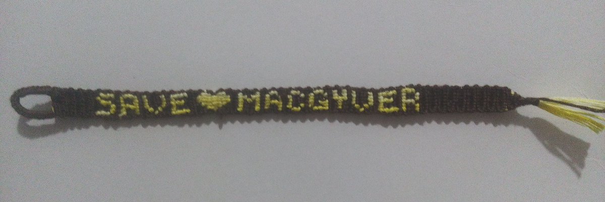 owejita's tweet photo. Oh forgot about this one , a friendship bracelet. I was supposed to write my name in it , but you can see how obsessed I am with the show😂😂 Someone needs to #SaveMacGyver now! 
#MacMakes https://t.co/SwrLZbMH3z
