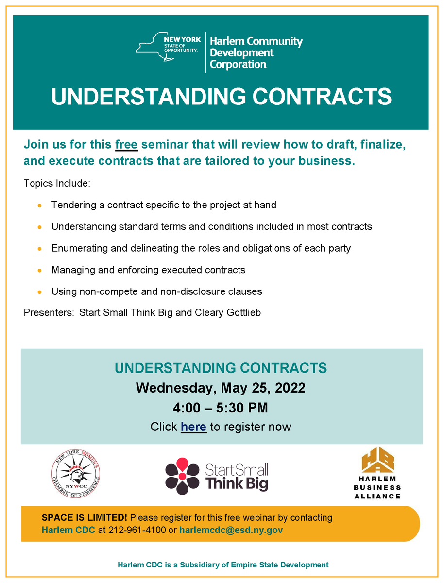 Attention! Join us and our partners at the <a href="/HarlemCDCorp/">Harlem CDC</a> for their next free webinar! "UNDERSTANDING CONTRACTS" Wednesday, May 25th at 10am ET. RSVP today using this link: bit.ly/hcdc_understan…