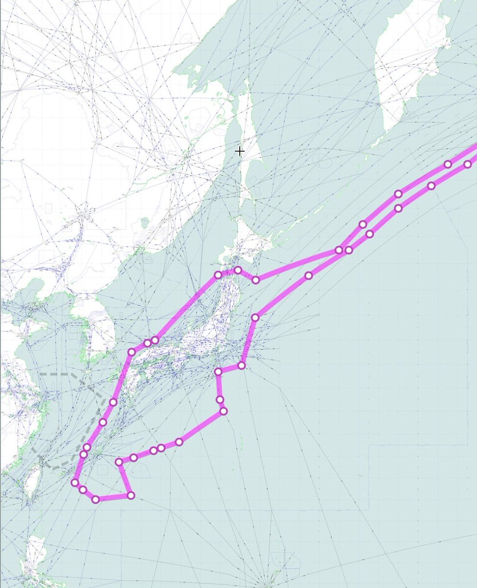 FMilcoms's tweet photo. #RAVEN11 flt (2xB52) from KMIB made a round trip in the Pac, with support from #FIAT43 #AE079F & #FIAT44 #AE0162 (and more?). Within the flight, they stayed in the ALTRV located E of Okinawa for 2 hrs. Below is their rough course. May 14-15.
ALTRV name was interesting ๐คฃ https://t.co/JRkMr346XP