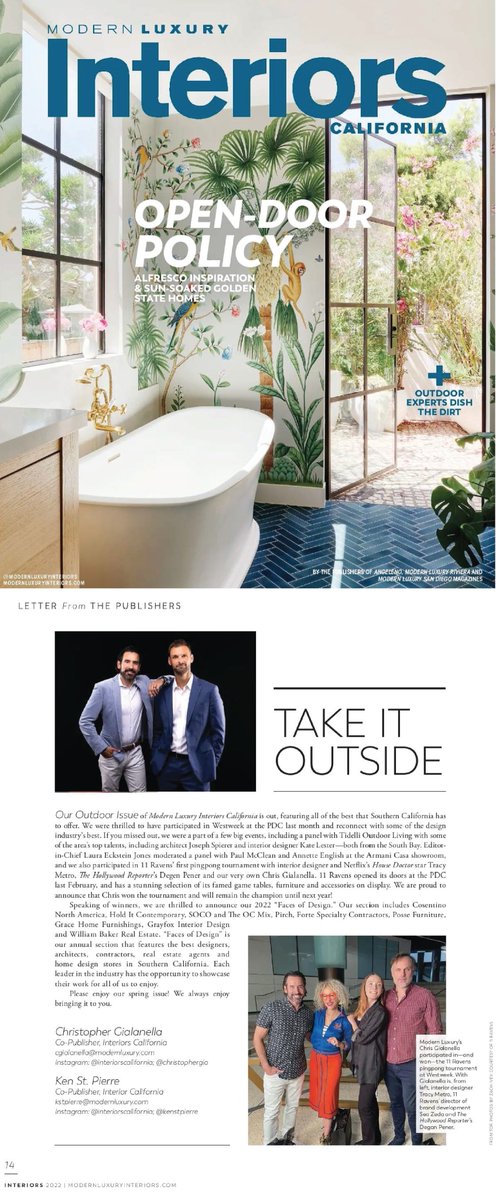 ElevenRavens's tweet photo. 11 Ravens Featured in #ModernLuxuryInteriors Magazine "Letter From The Publishers" @christophergia
Thank you for the shout out! We look forward to more events and appreciate your support of our launch #PacificDesignCenter
#Press #DesignWorld #InteriorDesign #ModernLuxury https://t.co/ElLLXo2m6a