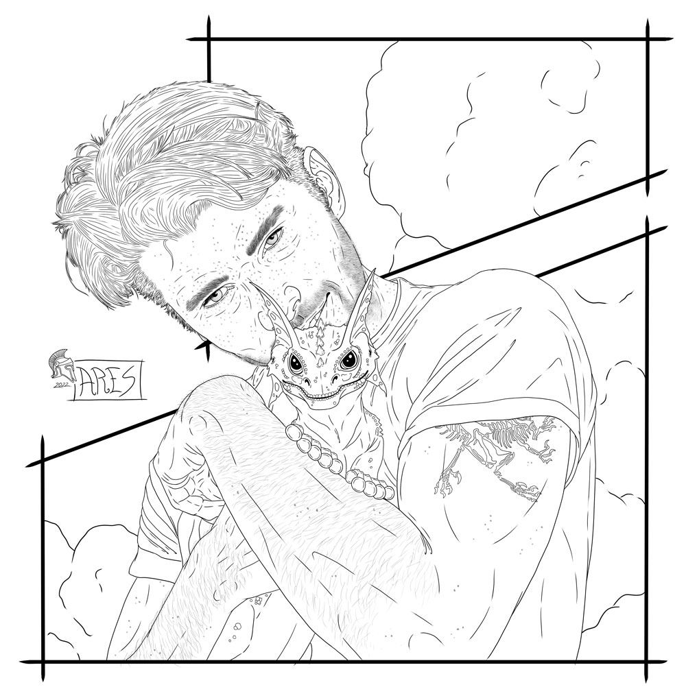 Ares33909104's tweet photo. Finished the outlines of Jamie (my Ark inspired OC) and his little friend Tara. Still need to decide if I gonna color the picture digital or with traditional media.

#ARKsurvivalevolved #Arkart #ArtistOnTwitter #OCart #characterart #Glowtail https://t.co/nJPBJFuxNj