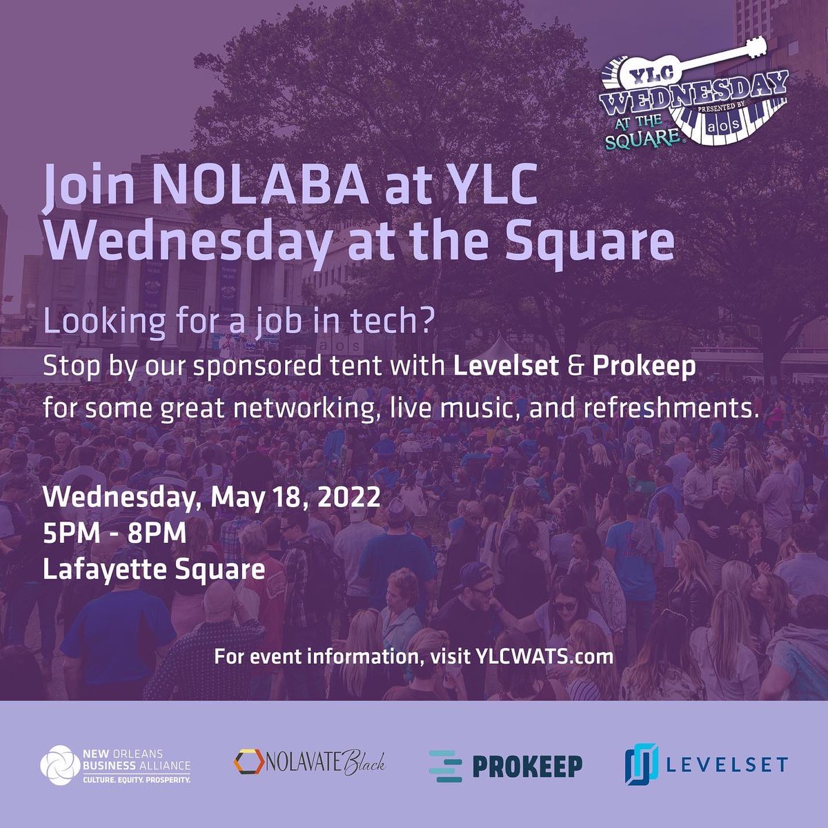 NewOrleansBA's tweet photo. After having to postpone due to severe weather, we hope you’ll join us for an awesome #NOLAtech industry meet up during this week’s #WednesdayAtTheSquare! Join us to enjoy some great music and networking with representatives from a few of the city’s top tech companies 🎶 https://t.co/iPXxqqn3bW
