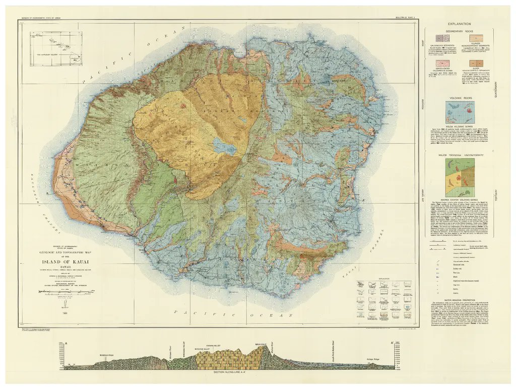 UHMLibrary's tweet photo. Happy Map Monday! From our digital Map Collection: "Geologic and Topographic Map of the Island of Kaua'i, Hawai'i, showing wells, springs, tunnels, shafts and structure section" Issued in 1960. 

#uhmlibrary #uhmanoa #mapmonday #kauai
View the map here:
https://t.co/iArXqf9v4o https://t.co/9HyQSNPEna