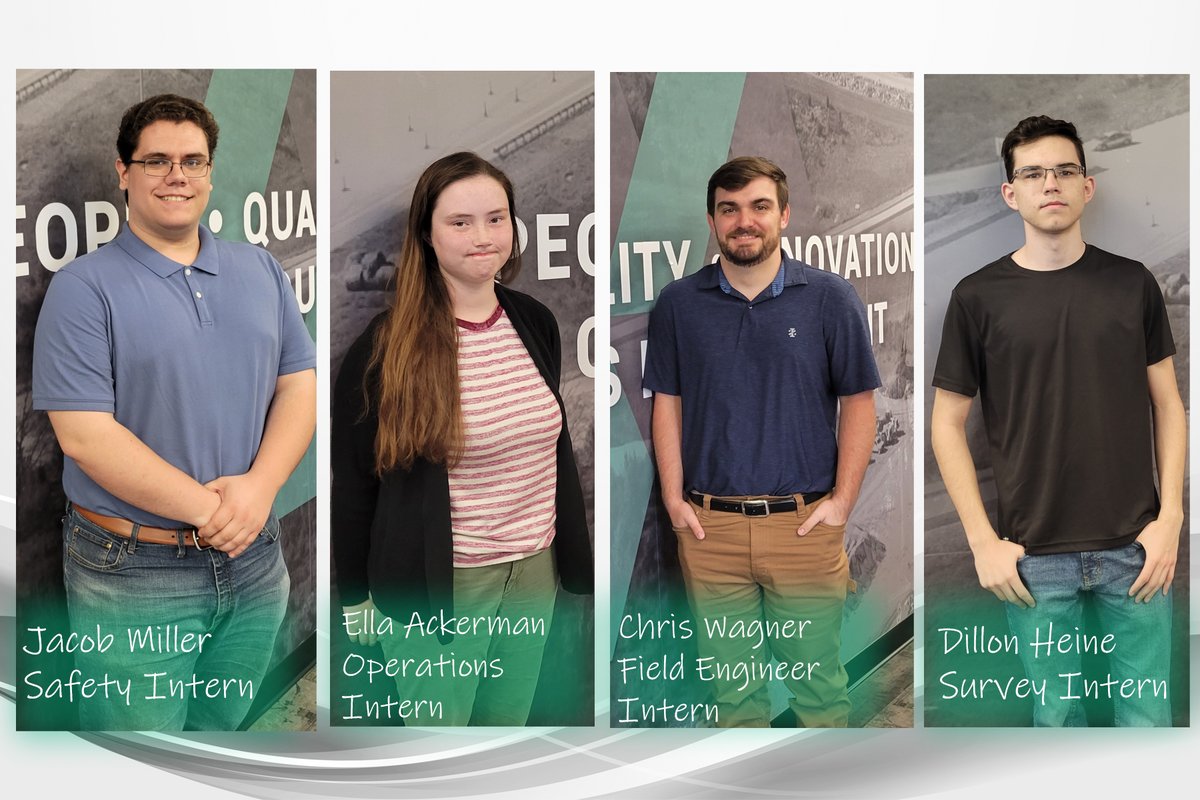 MillstoneWeber's tweet photo. BIG NEWS!
This week we have FOUR interns starting with us. 

Chris is joining our crew on the Lambert Project.

Jacob will be working in our Safety Department, Ella is working in our Operations Department, and Dillon is working in our Survey Department!

Welcome Everyone! https://t.co/wxvyi2Dzc9