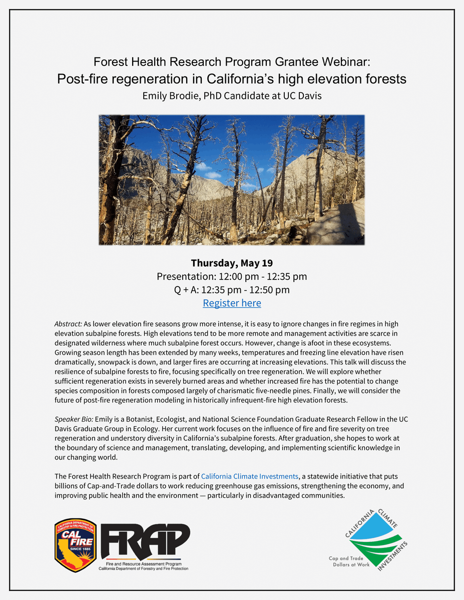 Interested in post-fire regeneration in Mediterranean-type California subalpine forest? Register here for my CALFIRE Forest Health Research Program grantee webinar this Thursday 5/19 at 12pm! #wildfire #regeneration #fiveneedlepines
teams.microsoft.com/registration/o…