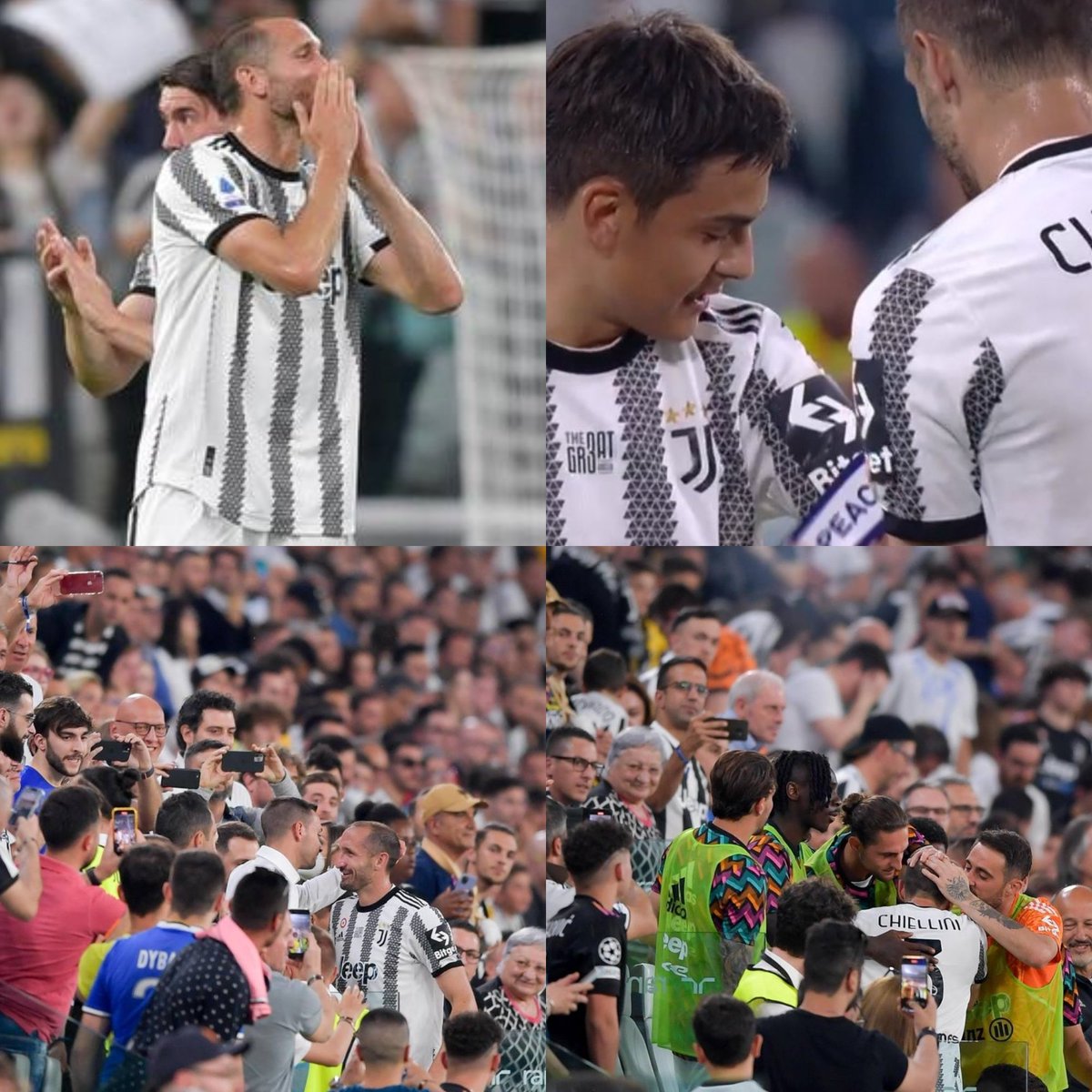 TiroalMarco1's tweet photo. Momentazo en Turín. Justo al minuto #17 (número de campañas que estuvo en el club) de su último partido con la Juventus, #Cheillini salió de cambio. El capitán le entregó el gafete a #Dybala, que también se va, y fue ovacionado de pie por todos en el estadio. https://t.co/yhdkWsvgKL