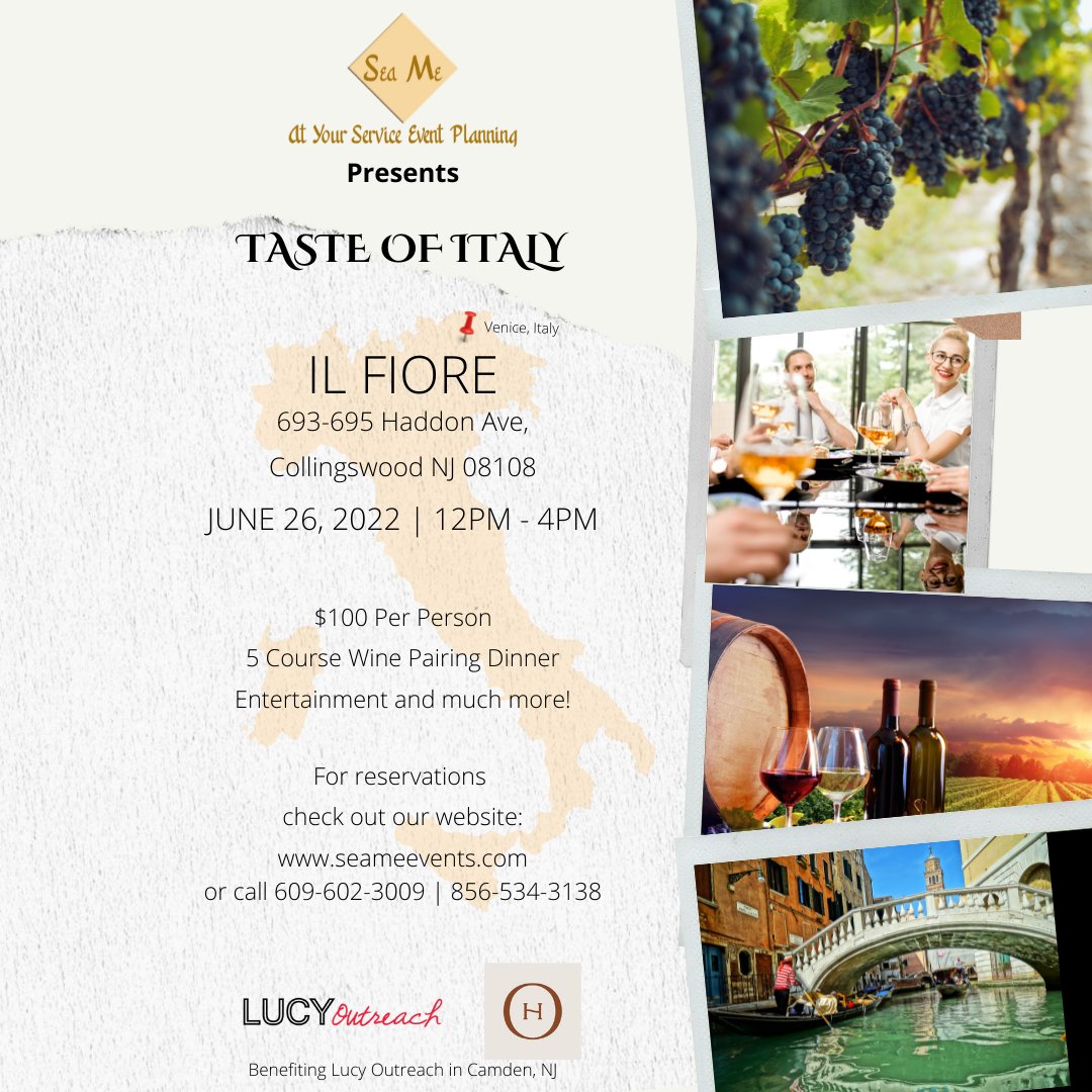 SeaMeEventsLLC1's tweet image. Buon Giorno! Tickets are available now for
our Taste of Italy Event at Il Fiore in
Collingswood. Tickets on sale now for an
afternoon of food, wine and excitement.
Proceeds benefit Lucy Outreach in Camden
ow.ly/vrQp50J9uN7
#jerseyitalian#collingswood#jerseygirl#lucyoutreach