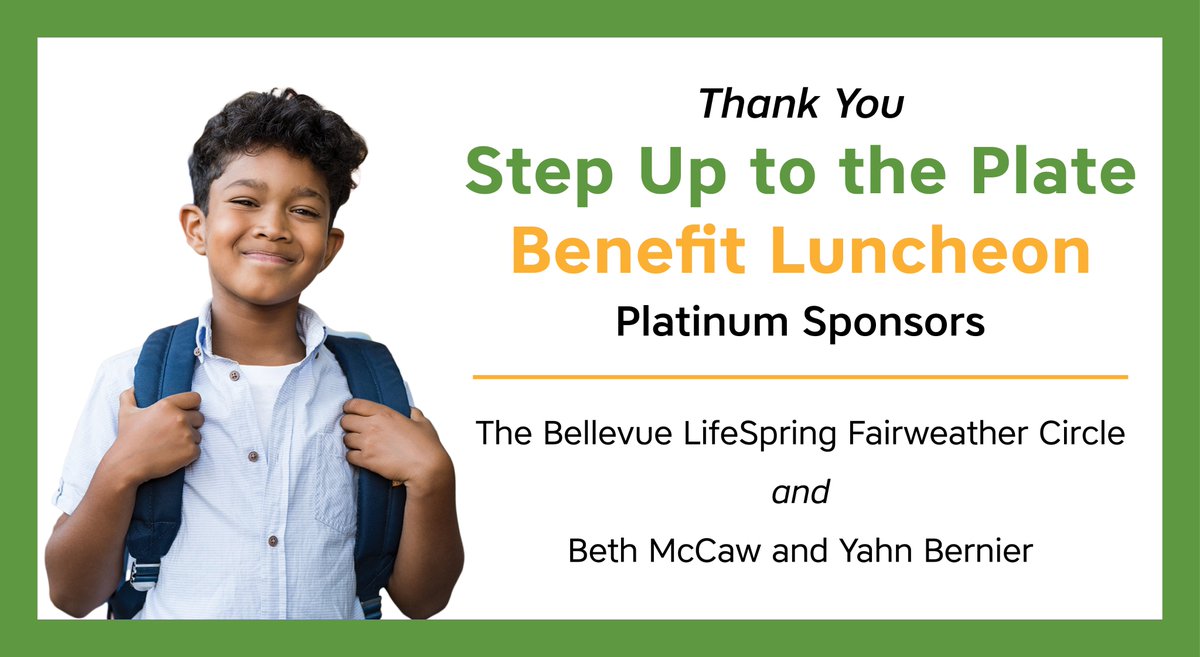 Our 21st Annual Step Up to the Plate Benefit Luncheon is less than ten days away! We are so grateful to our Platinum sponsors for their commitment to fighting hunger for Bellevue children. Thank you. 💚🍎🥕
