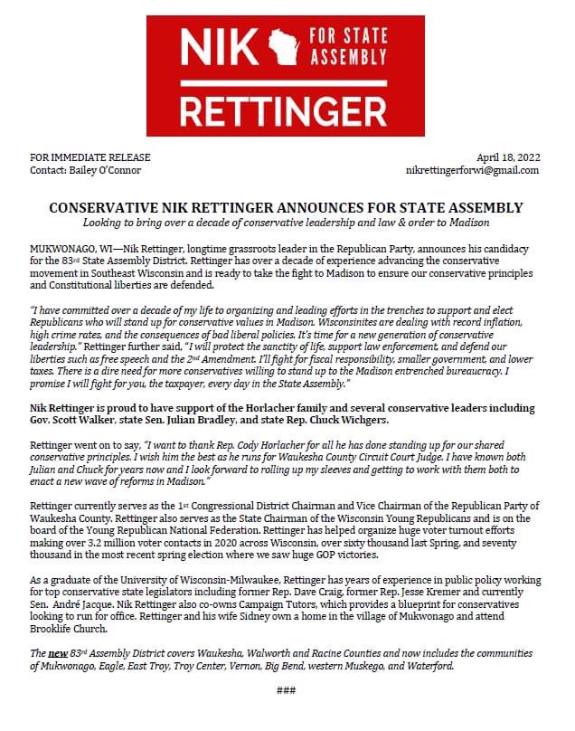 NikRettingerWI's tweet photo. ICYMI: I announced in April for the new 83rd AD with endorsements from @ScottWalker, @JulianBradleyWI, and @RepWichgers! 🇺🇸
Release on WisPolitics ➡️ https://t.co/ibV8weJX8r
#NikRettingerForStateAssembly #VoteNik #WIAD83 #WIYRs #YRsRun #TakeBackControl #Grassroots #LeadRight https://t.co/RbsjblIzfO
