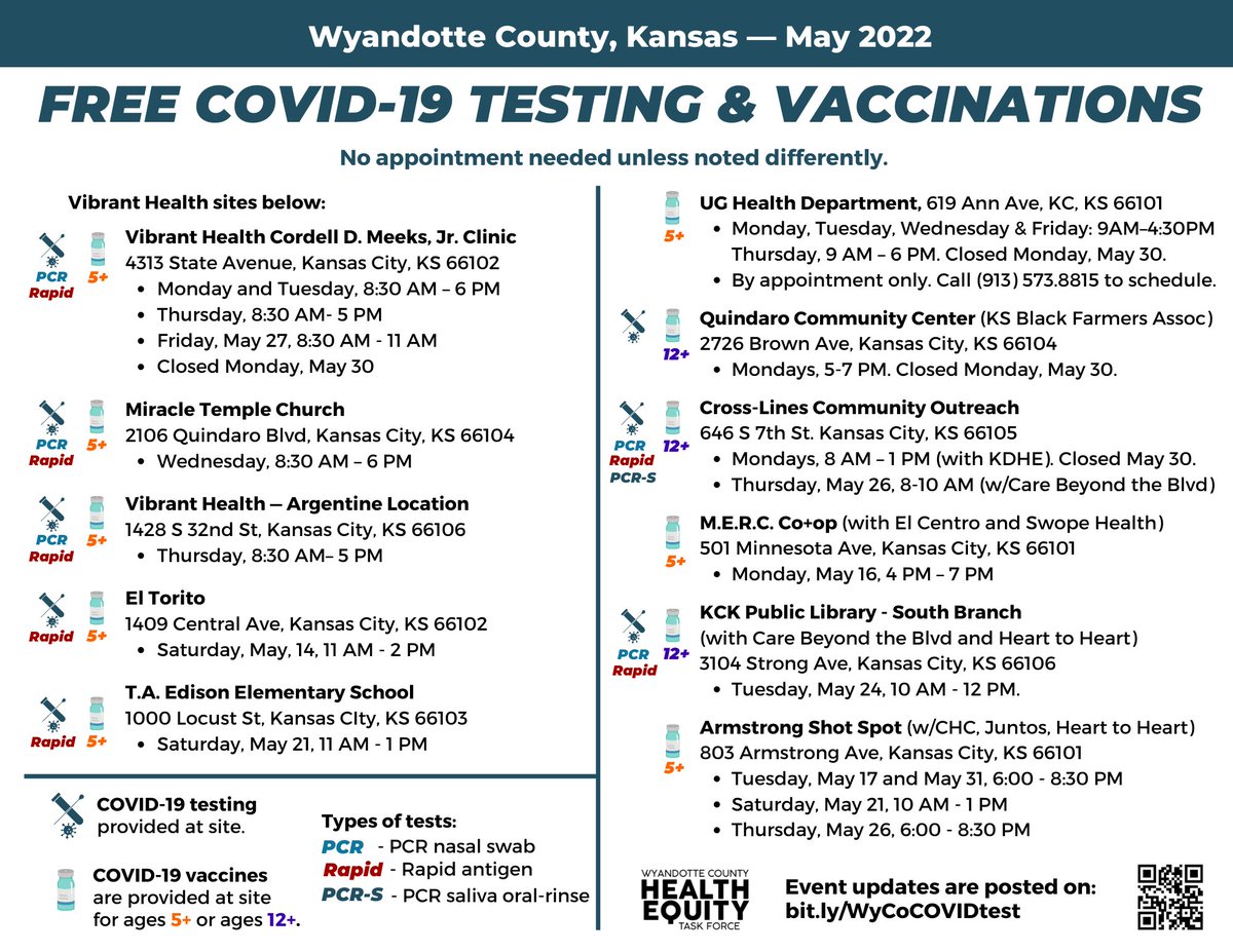 WYCOHealthDept's tweet photo. Plan ahead! Check out these events and locations that offer COVID Tests and Vaccines near you.
For more details visit https://t.co/DLmsYiLoPr
https://t.co/U75GRg2zt5
#DOTTE #WYCO #KCK #HETF https://t.co/du0LiOpssx