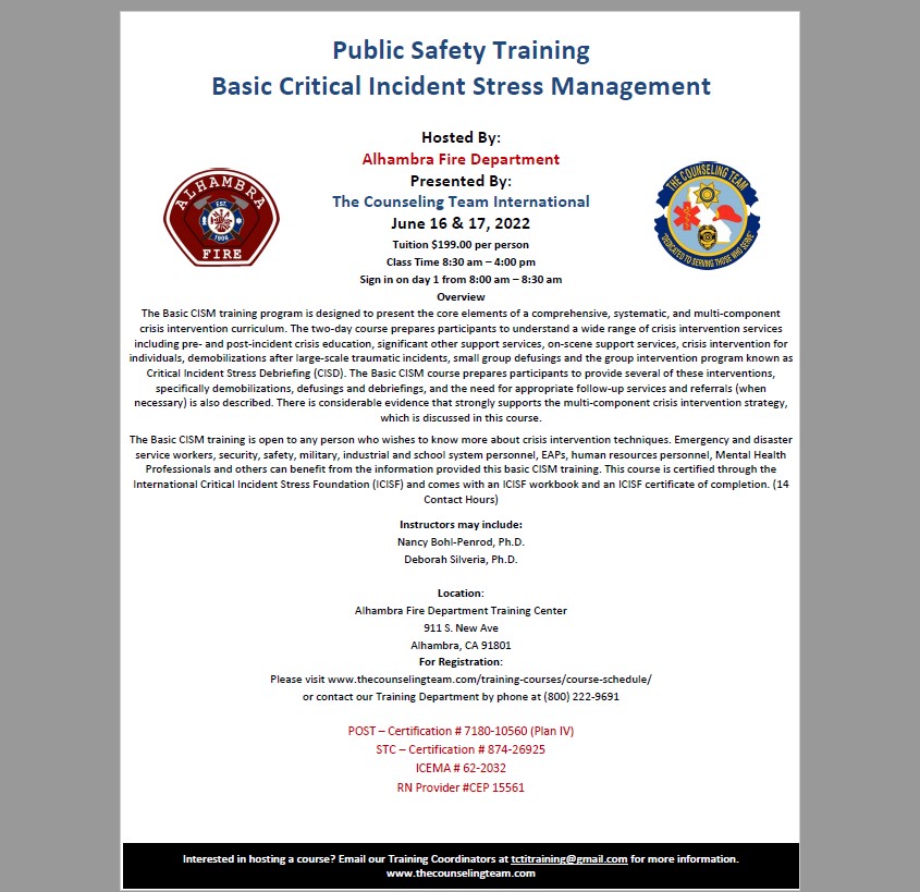 CounselingTeam's tweet photo. Public Safety Training
Alhambra Fire Department
Basic Critical Incident Stress Management
June 16 &amp; 17, 2022 https://t.co/YlHoRyG7xy