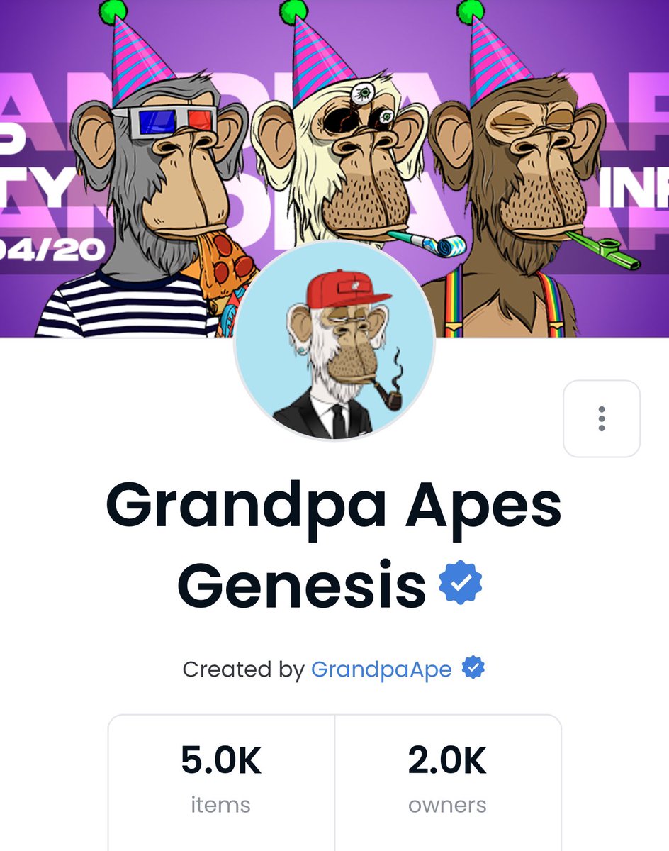 GrandpaApes's tweet photo. 🚨 ANNOUNCEMENT 🚨

WE ARE OVER THE MOON EXCITED TO ANNOUNCE THAT OUR PHASE ONE GRANDPA APE COLLECTION IS NOW OFFICIALLY VERIFIED!!!!!! 🔥🌿🦍🥃

We have also changed the name to the OG collection to “Grandpa Apes Genesis”!!  

LFG #NFTCommuntiy #GrandpaApes https://t.co/EQNwxnBS5Q