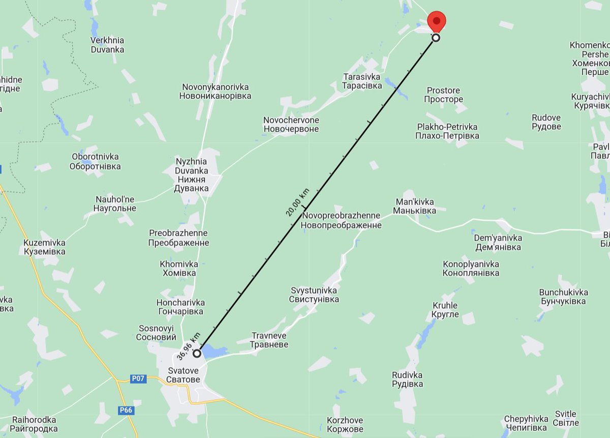 DanielBanas_sk's tweet photo. We can see also Svatove/Сватове/Сватово mentioned in display, middle of the town is indeed ~38km far away as displayed. It is not clear where the dashed line points, it looks a bit off from Svatove direction. https://t.co/IOkbg2CvF4