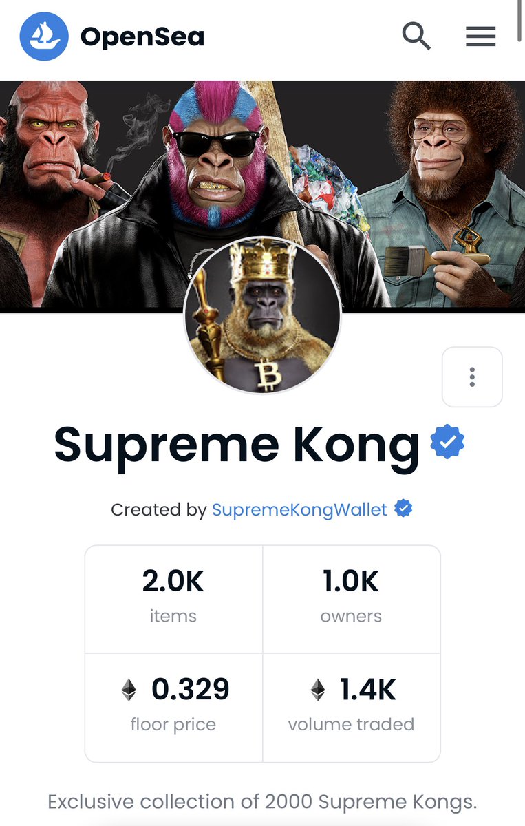 SupremeKong's tweet photo. Our collection is now verified. 

This would not be possible without our amazing community who has shown us so much support since our mint 3 months ago. We have been through so much together and this victory feels so good after everything we’ve endured and empowers us forward. https://t.co/9DPcVTF6fz