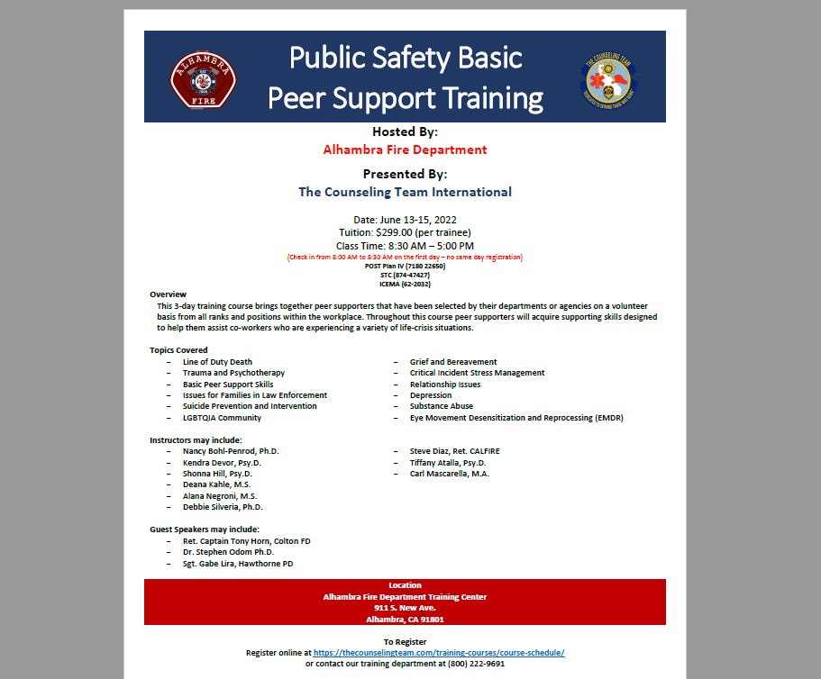 CounselingTeam's tweet photo. Public Safety Basic Peer Support Training
Alhambra Fire Department
June 13-15, 2022 https://t.co/Gbbn70Wlun