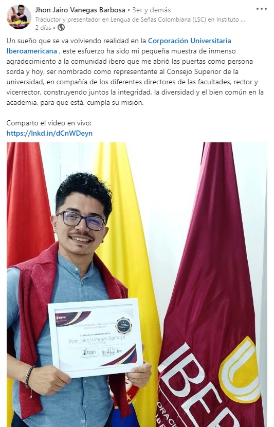 LaIberoU_'s tweet photo. Felicitamos y exaltamos a nuestro nuevo representante estudiantil, @Jhovan1987, quien logró la mayor votación, demostrando que representa los valores institucionales y que está comprometido con el bienestar de la comunidad académica. 💛
#SomosIBERO #SordosColombia #IBEROContigo https://t.co/i6MJruCiON