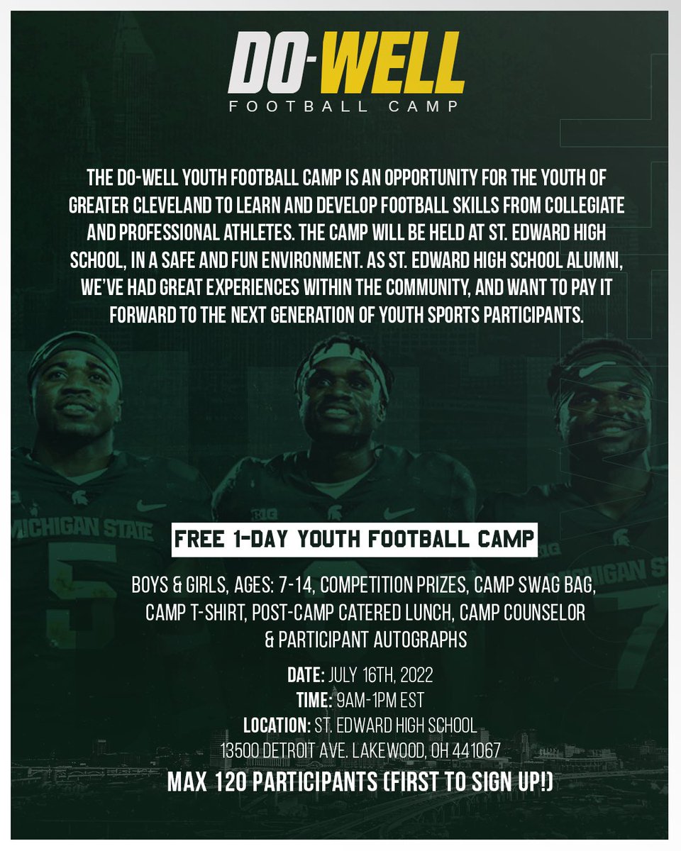 a1dowell's tweet photo. Excited to announce that my brothers and I will be hosting our 1st FREE Youth Football Camp at our high school alma mater on July 16th. 

Register at https://t.co/xvrv9ckywU Feel free to reach out with any questions and for additional info. https://t.co/gAnfyHeT35