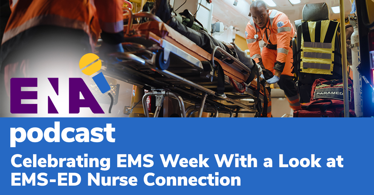 ENAorg's tweet photo. The #ENAPodcast kicks off #EMSWeek with an episode featuring ENA EMS Advisory Council member @jamla_rizek. Jamla chats about the relationship between ED nurses and EMS professionals, her experiences on both sides and how to show appreciation this week. https://t.co/nObHaLkAMp https://t.co/jIL2c8BCun