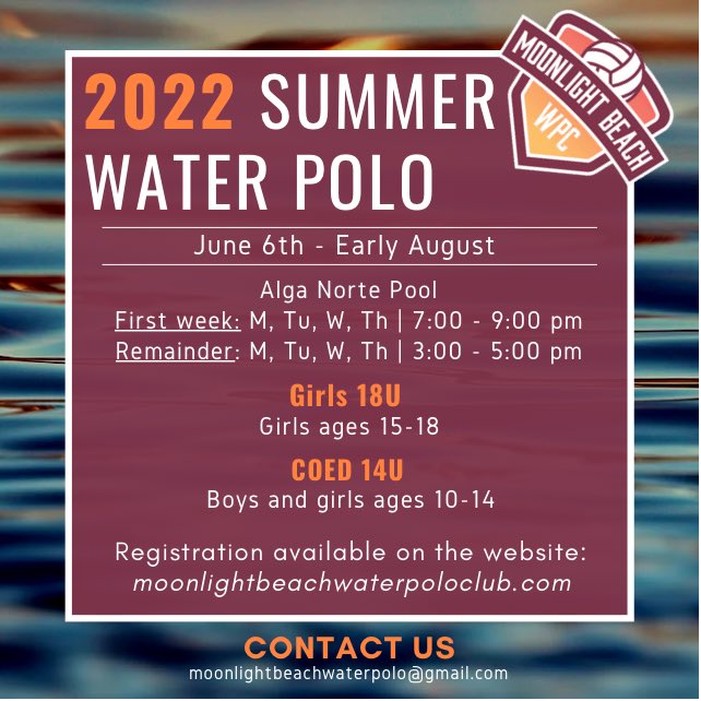 Registration for Summer 2022 Season is open!!! This season will be like none other before at MBWPC 🙌 Sign-up today, limited spots - moonlightbeachwaterpoloclub.com

#waterpolo #SanDiego #Encinitas #carlsbad #sports #nonprofit