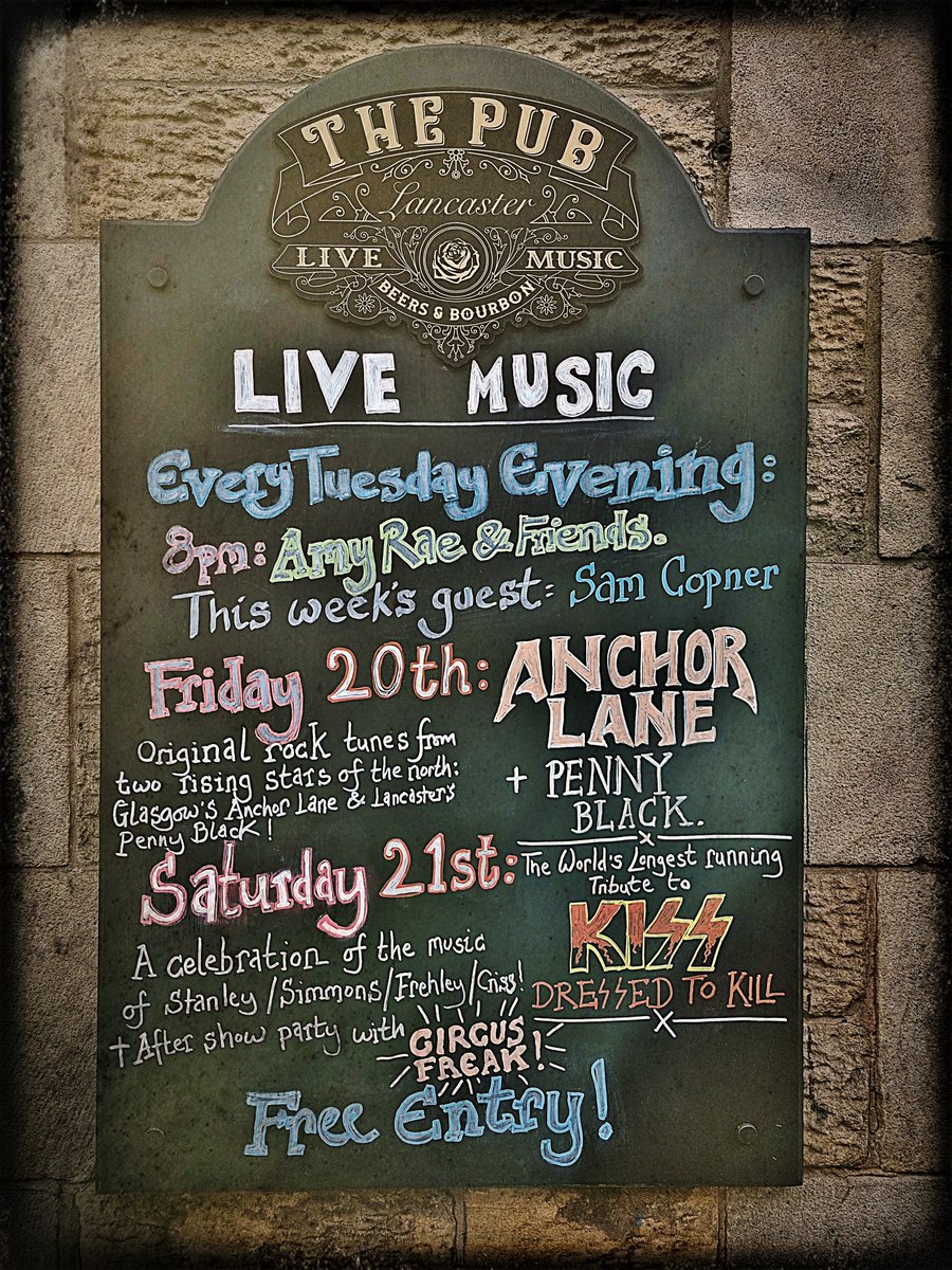Loads of good stuff on at <a href="/ThePub_Lancs/">The Pub</a> this week! #ThePub #ThePubLancaster #Lancaster #Lancashire #LoveLancaster #IndependentVenue #FreeHouse #LiveMusic #RealAle #LiveMusicIsBack #AmyRae #SamCopner #AnchorLane #PennyBlack #DressedToKill #KissTribute #Kiss #CircusFreak