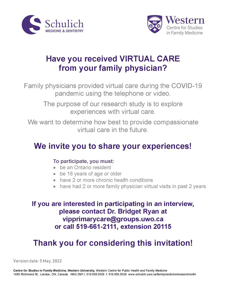 Bridget Ryan (@bridgetlryanuwo) on Twitter photo Are you an Ontario resident with chronic conditions who has received virtual care from your family physician? How was your experience? Was it compassionate? <a href="/westernuFamMed/">Family Medicine</a> researchers would like to hear your stories. Contact us to participate: vipprimarycare@groups.uwo.ca Are you an Ontario resident with chronic conditions who has received virtual care from your family physician? How was your experience? Was it compassionate? <a href="/westernuFamMed/">Family Medicine</a> researchers would like to hear your stories. Contact us to participate: vipprimarycare@groups.uwo.ca