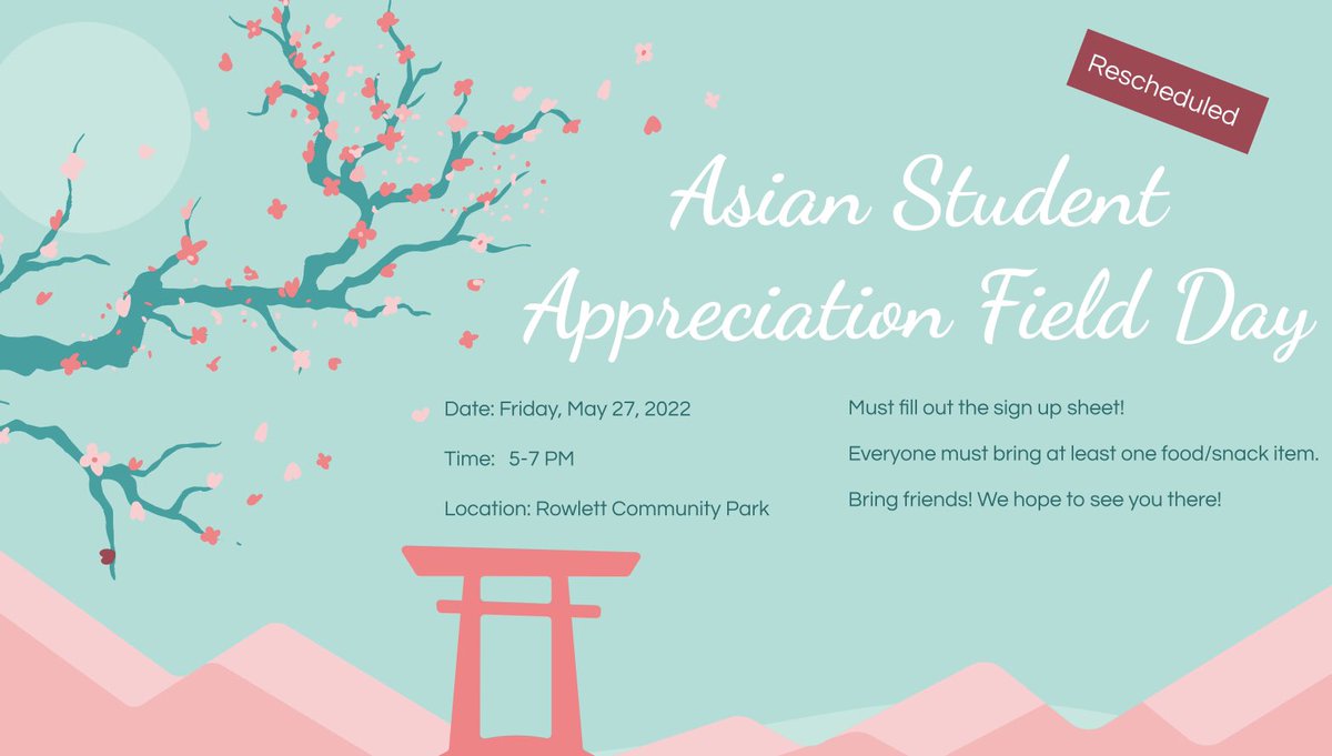 LCHS_AsianSA's tweet photo. Our field day has been RESCHEDULED to Friday, May 27! It will be @ Rowlett Community Park from 5-7 pm !! The link for the sign up sheet is on our canvas and will be attached below 🖤🤍

https://t.co/mNAju7Kdq4 https://t.co/W68cZqezCM