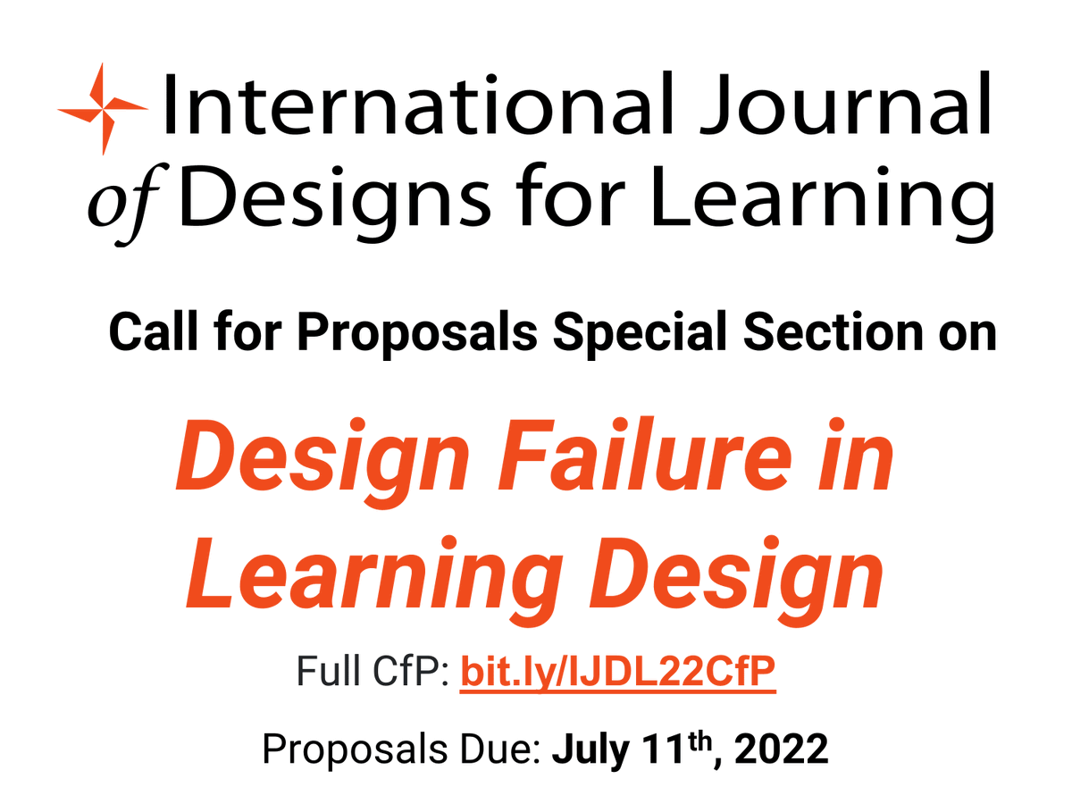 Ahmed_Lachheb's tweet photo. Honored to co-edit a special section on design failure in learning design for the International Journal of Designs for Learning (IJDL), with @nikiwats23
Proposals are due Friday, July 11, 2022
Full CFP here: https://t.co/ti7wjRD4bc
#learning #designfailure #IJDL #AECT https://t.co/MkxViMP6Ye