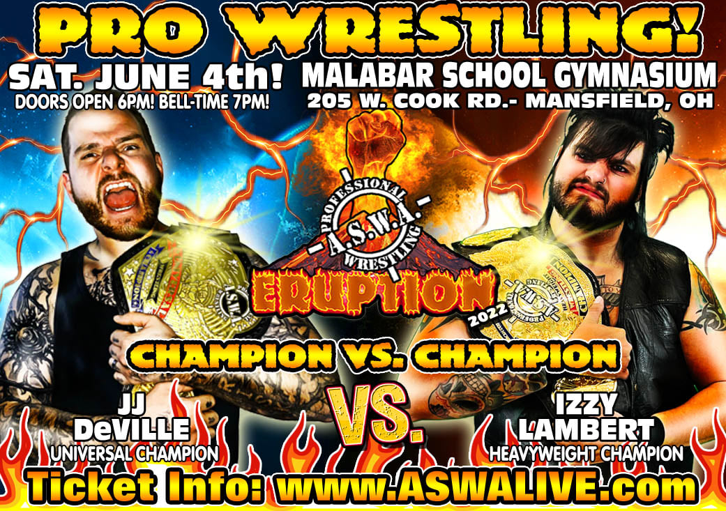 ASWAslam's tweet photo. June 4th in Mansfield: It's Champion vs Champion as Universal Champion JJ Deville takes on ASWA Heavyweight Champion Izzy Lambert!!! 
https://t.co/L4LQO5YKPk
#ASWALive #ASWA https://t.co/957Pqmqoud