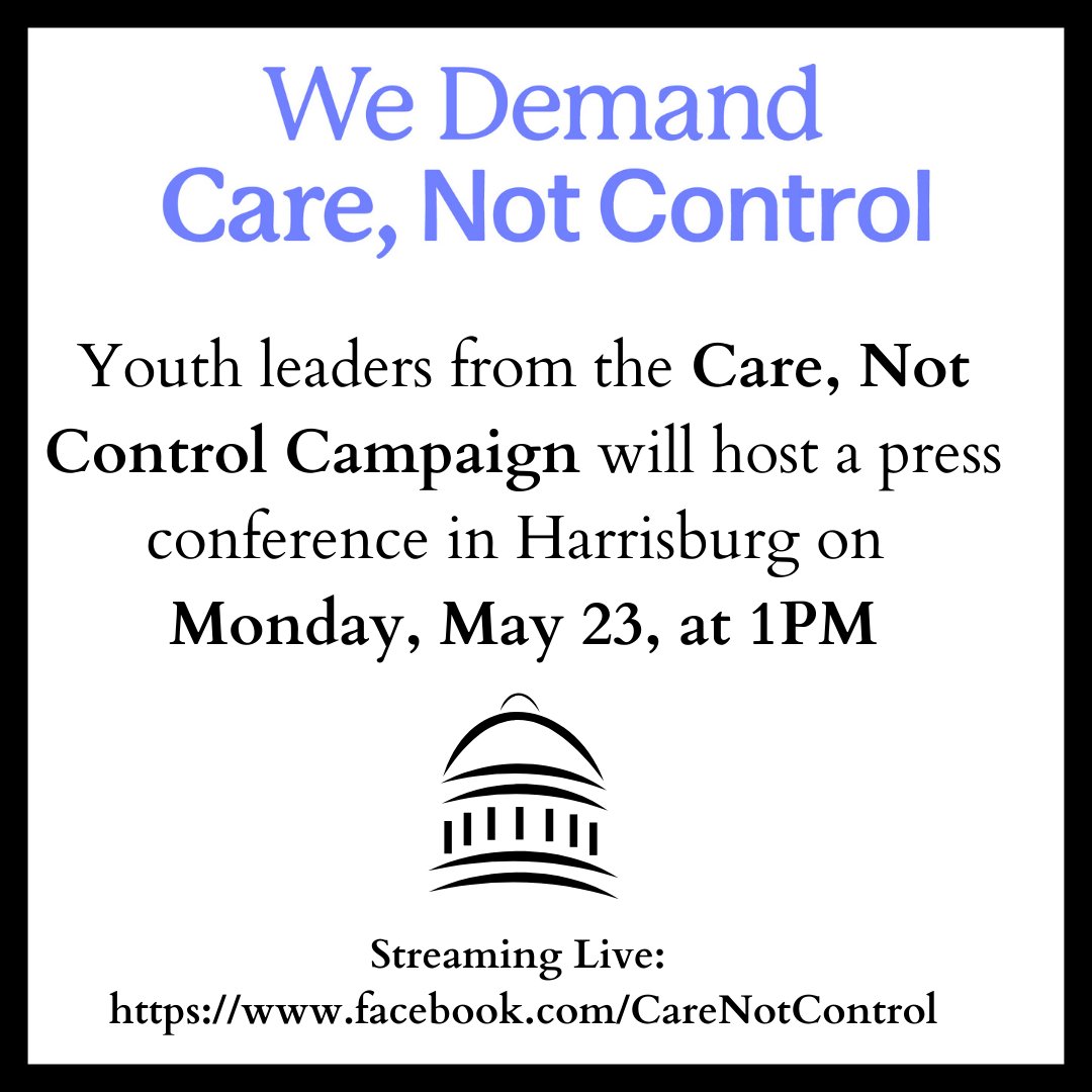 CareNotControl's tweet photo. 📣 Next Monday, young people will gather in Harrisburg to call on lawmakers to end youth incarceration in Pennsylvania. Nearly one year after the Juvenile Justice Task Force released its report, our state’s juvenile justice system remains broken. https://t.co/gX4ml1vikT