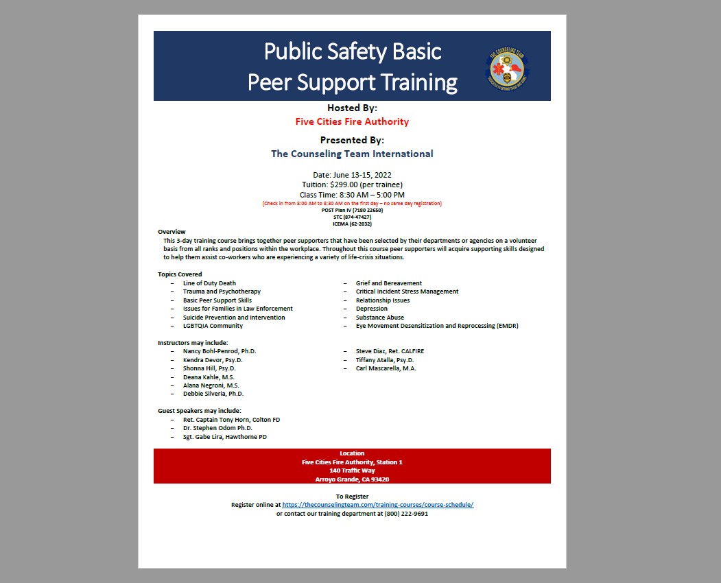 CounselingTeam's tweet photo. Spots Still Available
Public Safety Basic Peer Support Training
Five Cities Fire Authority
June 13-15, 2022 https://t.co/NsF04WsP6F