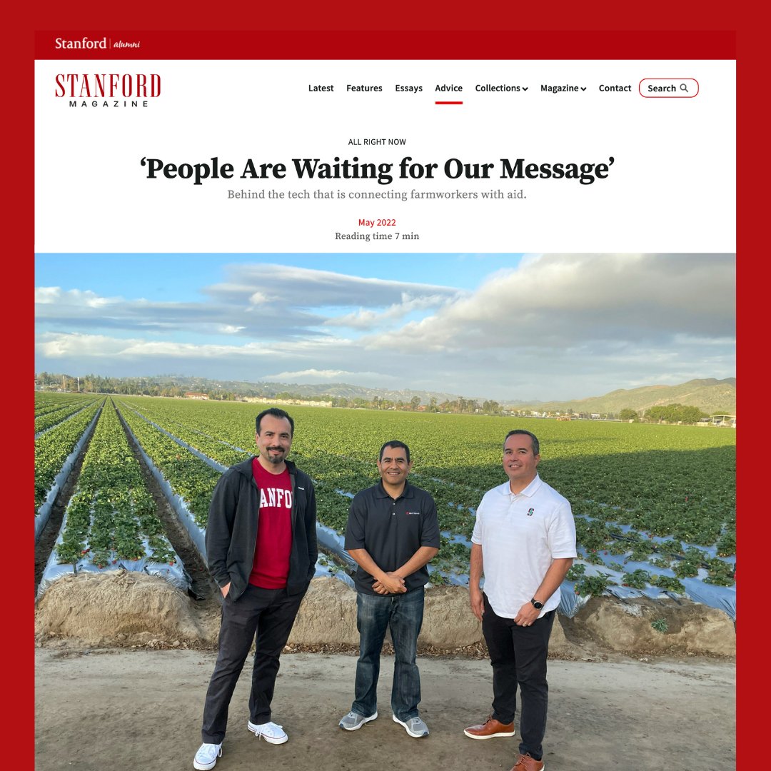 Alums Jesus Torres, Jorge Flores,and Rene Solorzano have founded Entidad,a public benefit corp using tech to improve quality of life in underserved communities. This year they'll debut a one-stop UFW Foundation app created specifically for farmworkers tinyurl.com/2p8ckadp