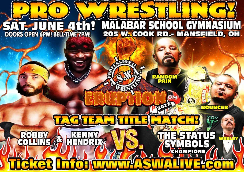 ASWAslam's tweet photo. June 4th in Mansfield: Random Pain &amp; The Bouncer will put their Tag Team Championships on the line against @RNKRobbyCollins &amp; Kenny Hendrix!! 
https://t.co/L4LQO5YKPk
#ASWALive #ASWA https://t.co/fxoefmvFgK
