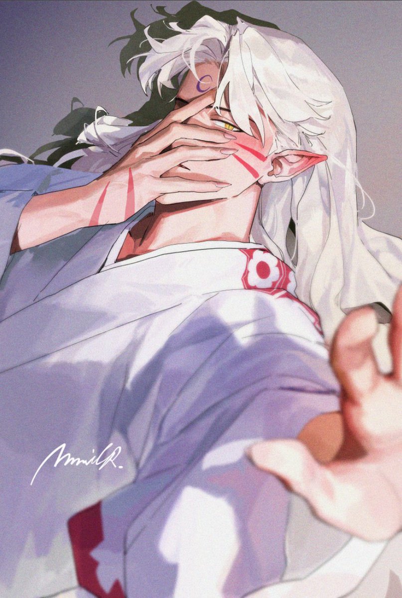 male focus facial mark 1boy solo pointy ears white hair japanese clothes  illustration images