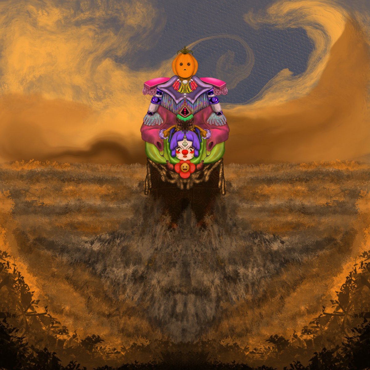 ITwizzie0's tweet photo. Today me and my colleg from work we had a kiki moment and she told me  that she had a fight with my boss in front of a client.
So happy that I m gonna be done with this place soon .
Here is a pumpkin holding a clown mask  in the middle of nowhere 
#art #artwork #procreate #clown https://t.co/A6uNBGxQKP